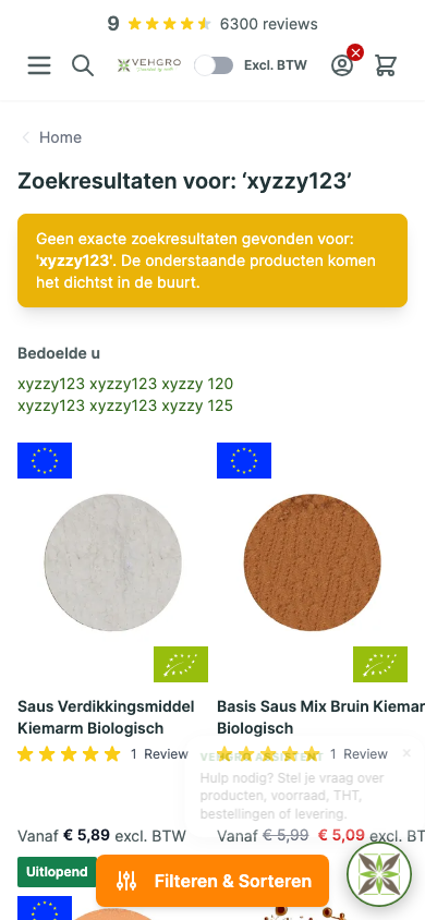 Huidige zoekresultatenpagina van Vehgroshop.nl bij een zoekopdracht zonder resultaat